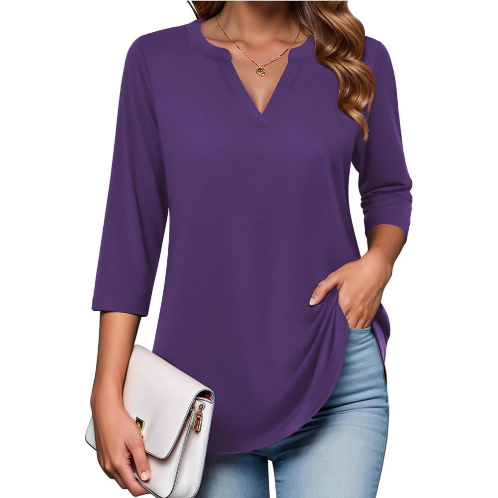 imageZeagoo Womens 34 Length Sleeve Tops V Neck Tunic Casual Dressy Blouse Floral Printed ShirtsPurple