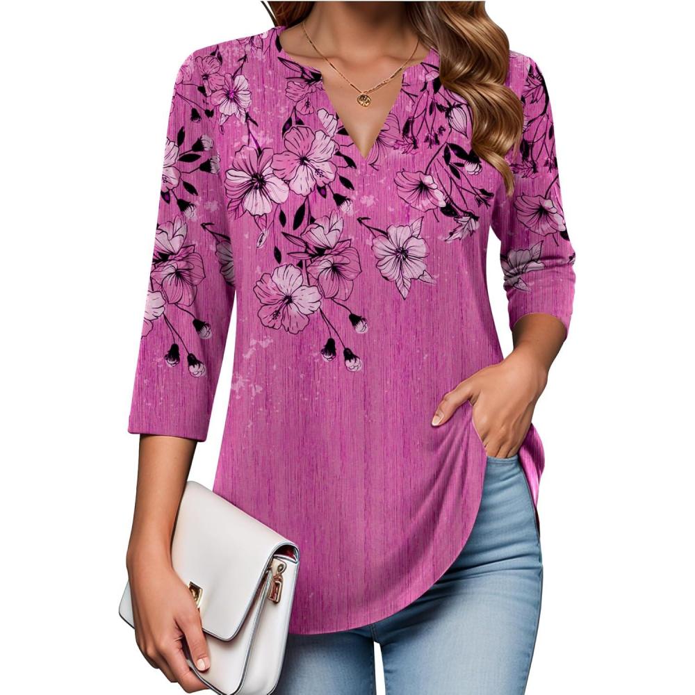imageZeagoo Womens 34 Length Sleeve Tops V Neck Tunic Casual Dressy Blouse Floral Printed ShirtsPurple Floral