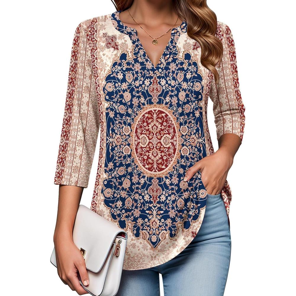 imageZeagoo Womens 34 Length Sleeve Tops V Neck Tunic Casual Dressy Blouse Floral Printed ShirtsRed Pattern