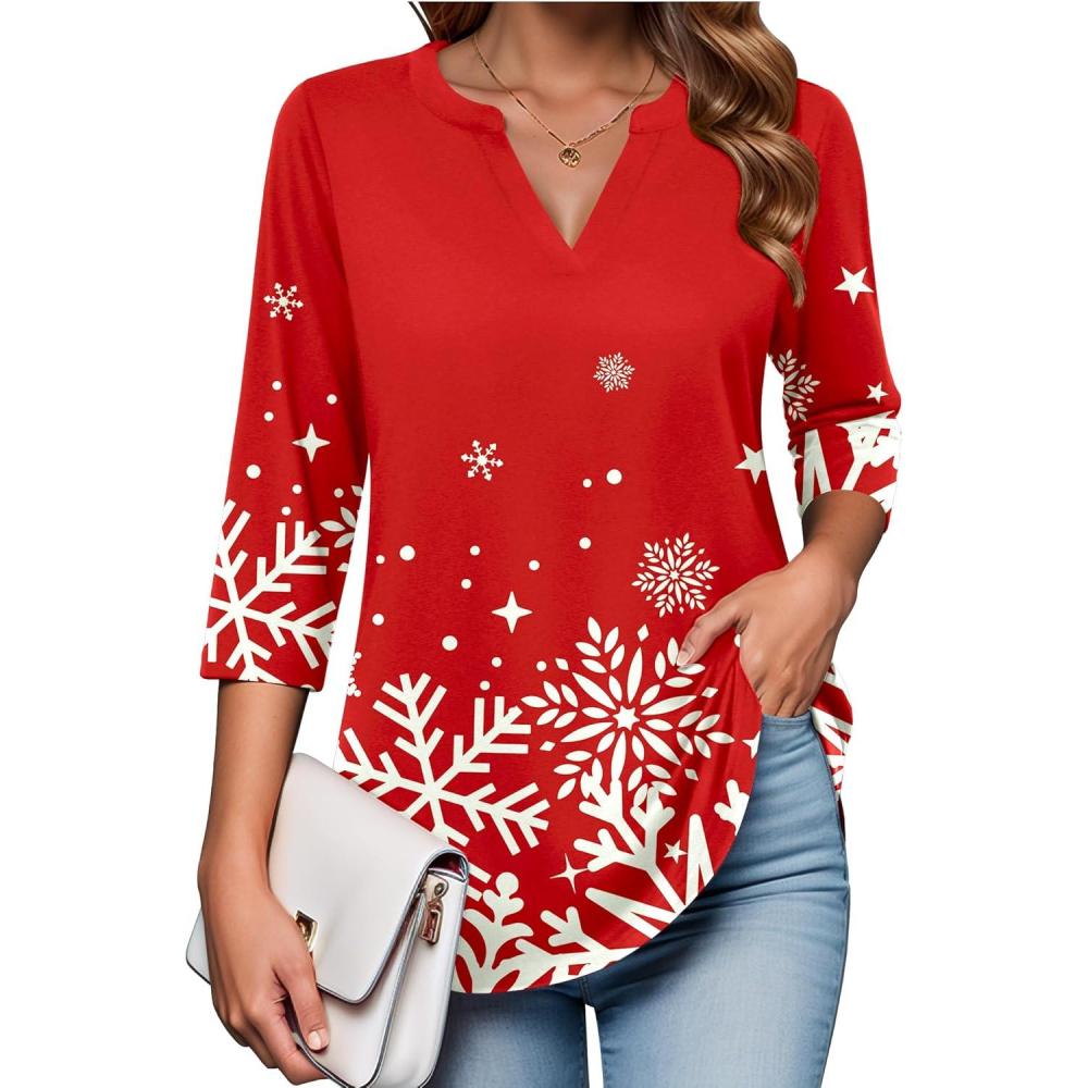 imageZeagoo Womens 34 Length Sleeve Tops V Neck Tunic Casual Dressy Blouse Floral Printed ShirtsSnowflake