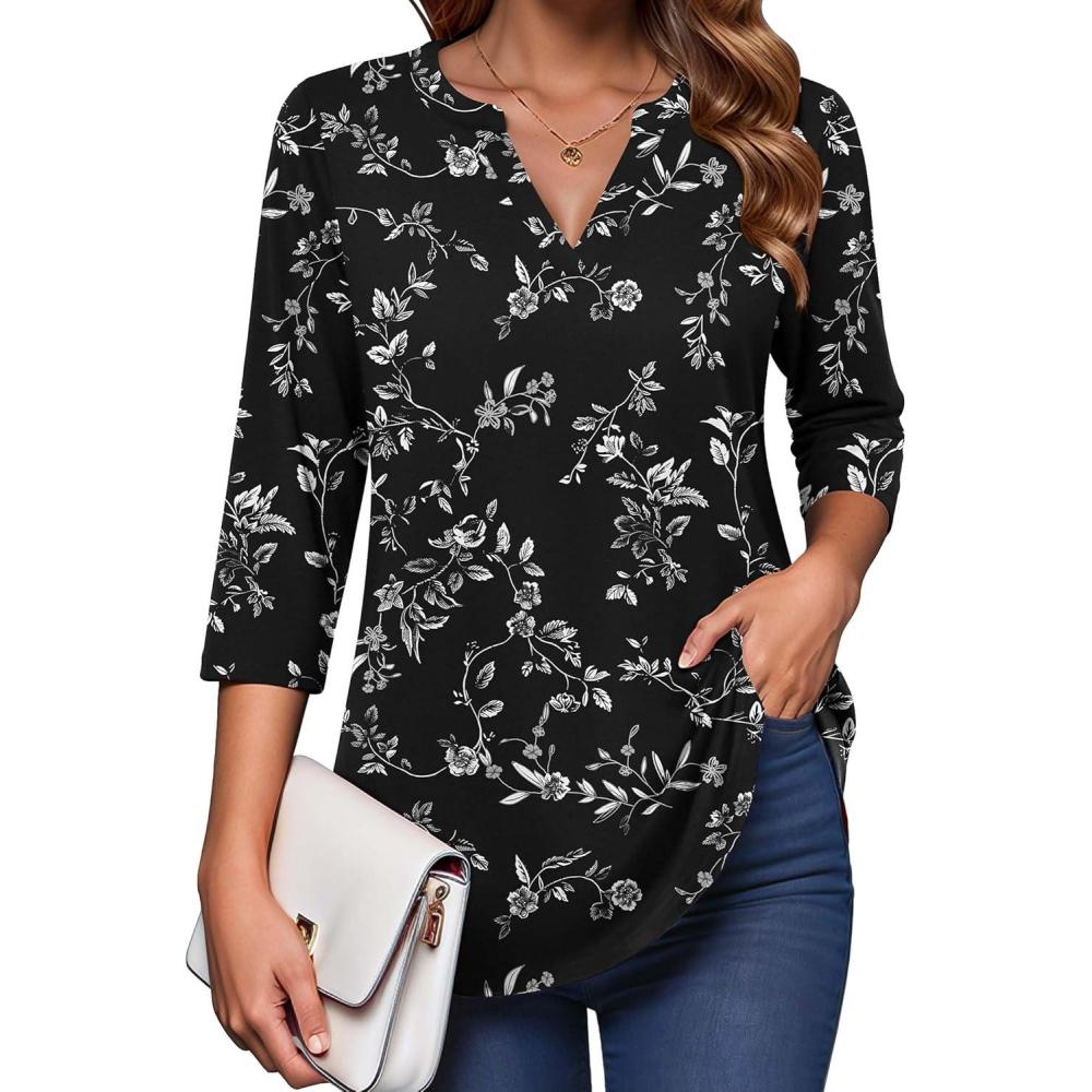 imageZeagoo Womens 34 Length Sleeve Tops V Neck Tunic Casual Dressy Blouse Floral Printed ShirtsWhite Floral