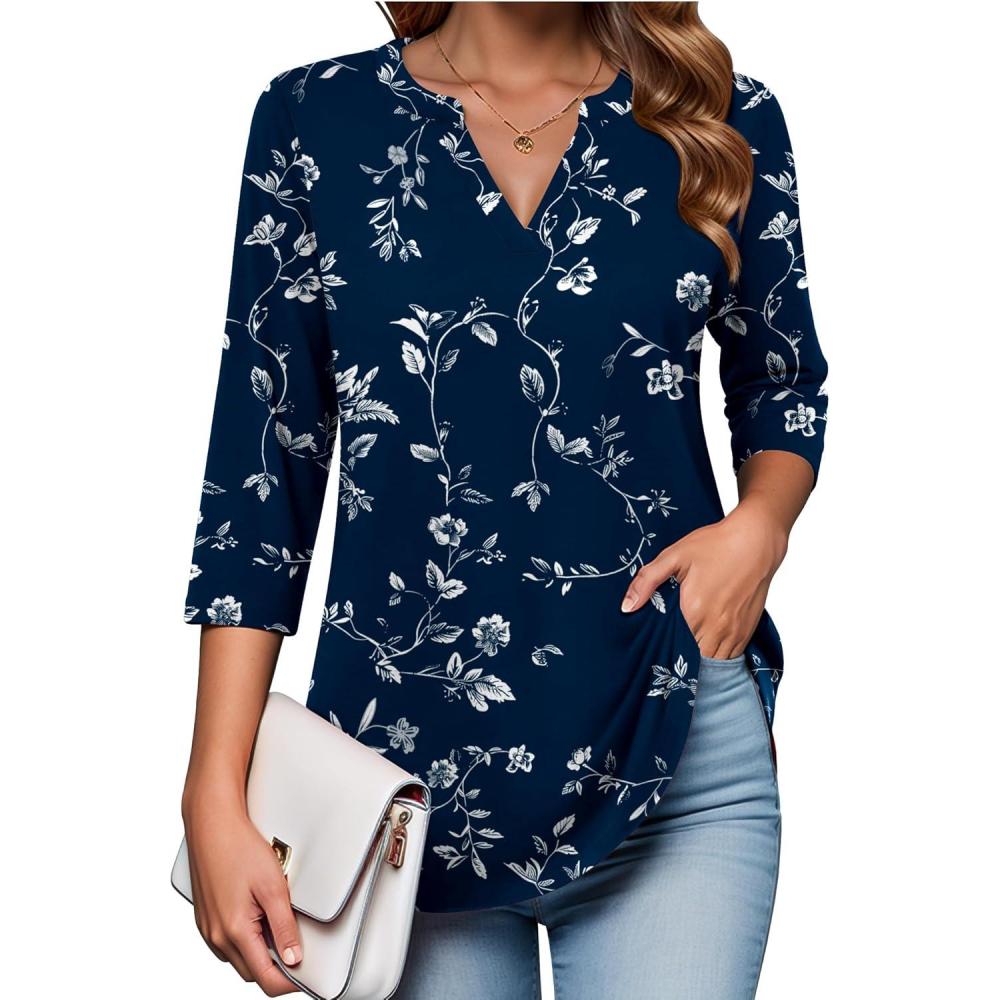 imageZeagoo Womens 34 Length Sleeve Tops V Neck Tunic Casual Dressy Blouse Floral Printed ShirtsWhite Leaves Navy Blue