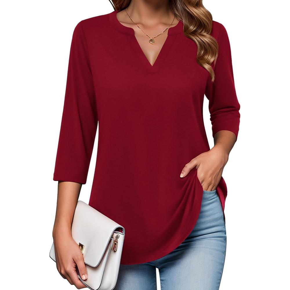 imageZeagoo Womens 34 Length Sleeve Tops V Neck Tunic Casual Dressy Blouse Floral Printed ShirtsWine Red