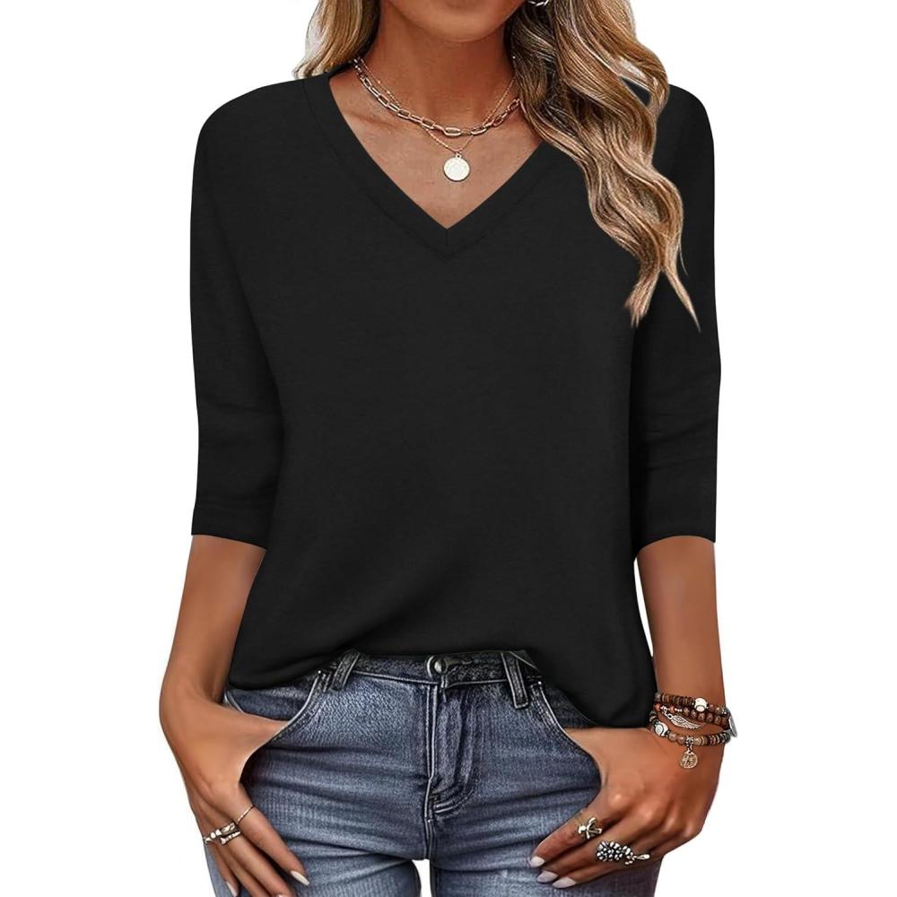 imageZeagoo Womens Blouse Casual 34 Length Sleeve V Neck Basic TShirts Spring Summer Cute Tunic Tops Business Work TeesBlack
