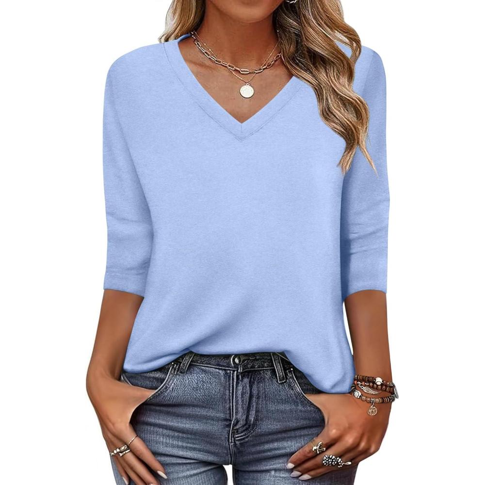 imageZeagoo Womens Blouse Casual 34 Length Sleeve V Neck Basic TShirts Spring Summer Cute Tunic Tops Business Work TeesBlue
