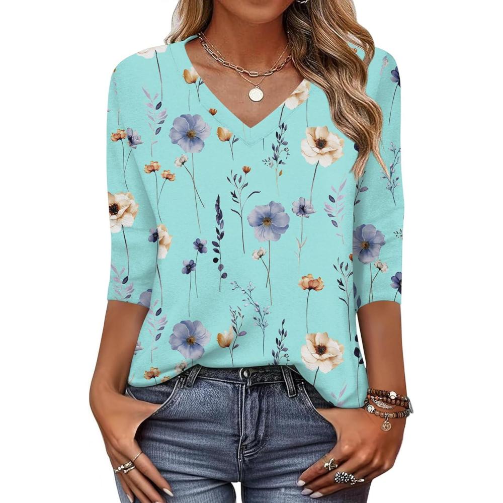 imageZeagoo Womens Blouse Casual 34 Length Sleeve V Neck Basic TShirts Spring Summer Cute Tunic Tops Business Work TeesBlue Flowerbf139