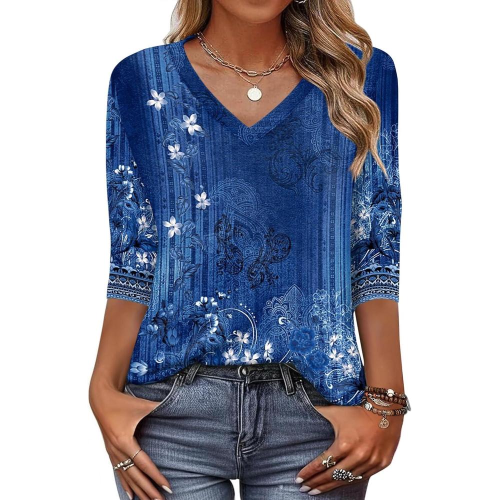 imageZeagoo Womens Blouse Casual 34 Length Sleeve V Neck Basic TShirts Spring Summer Cute Tunic Tops Business Work TeesBlue Flowermz712