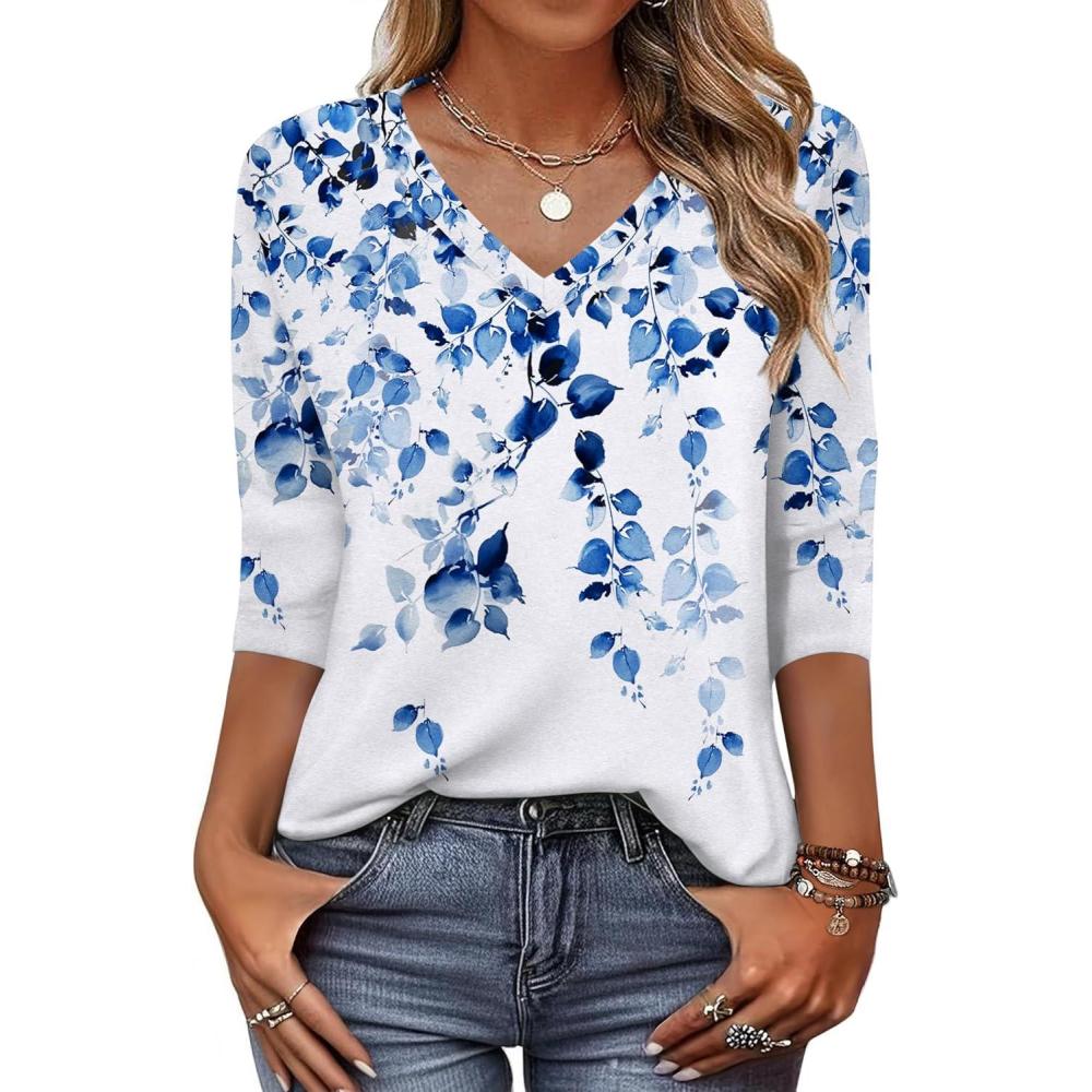 imageZeagoo Womens Blouse Casual 34 Length Sleeve V Neck Basic TShirts Spring Summer Cute Tunic Tops Business Work TeesBlue Leavewf41