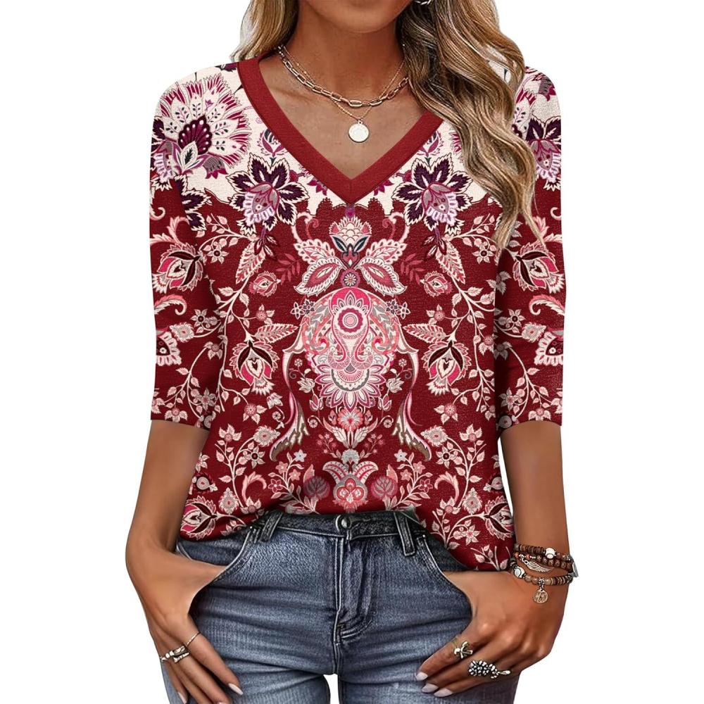 imageZeagoo Womens Blouse Casual 34 Length Sleeve V Neck Basic TShirts Spring Summer Cute Tunic Tops Business Work TeesBohemia Red Mz849