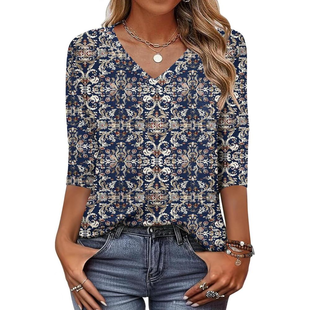 imageZeagoo Womens Blouse Casual 34 Length Sleeve V Neck Basic TShirts Spring Summer Cute Tunic Tops Business Work TeesBohemiamz869