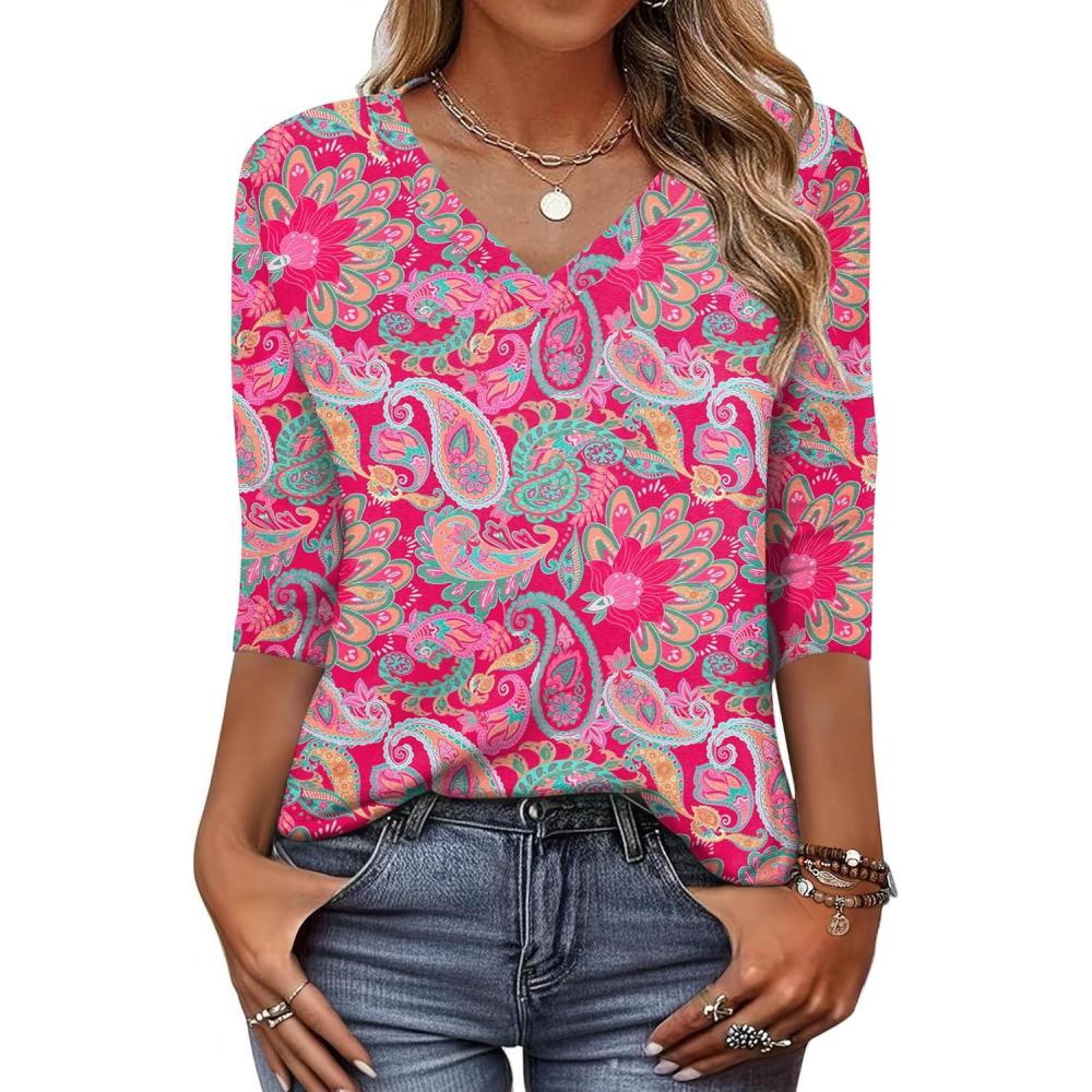 imageZeagoo Womens Blouse Casual 34 Length Sleeve V Neck Basic TShirts Spring Summer Cute Tunic Tops Business Work TeesBoho Pinkmz750