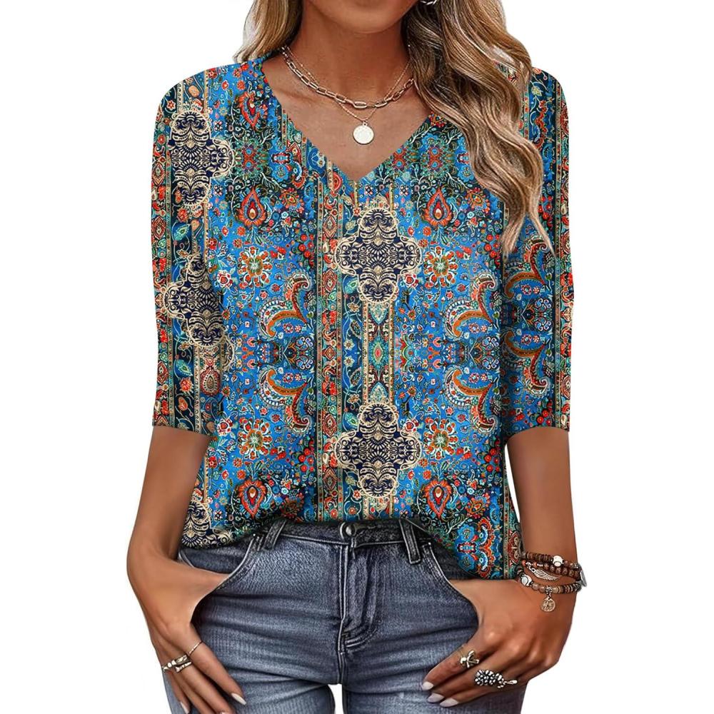 imageZeagoo Womens Blouse Casual 34 Length Sleeve V Neck Basic TShirts Spring Summer Cute Tunic Tops Business Work TeesBohomz779