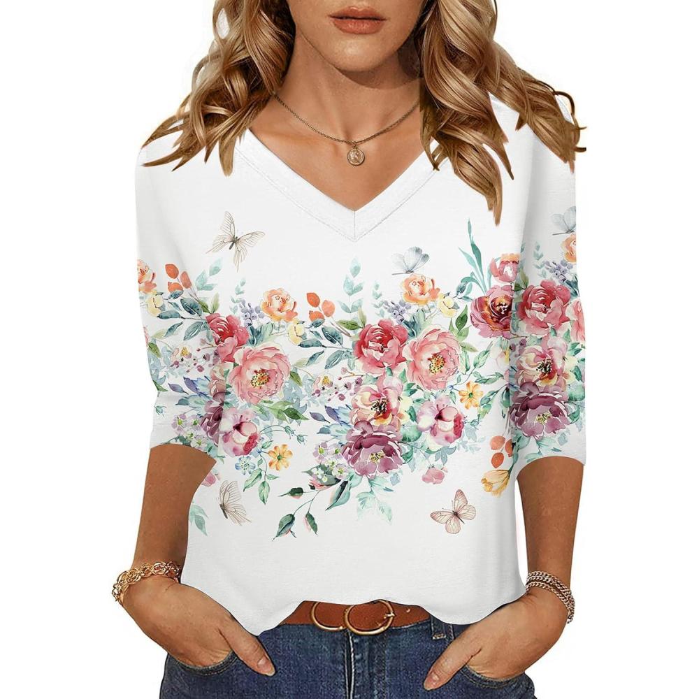 imageZeagoo Womens Blouse Casual 34 Length Sleeve V Neck Basic TShirts Spring Summer Cute Tunic Tops Business Work TeesColorful Flowerwf67