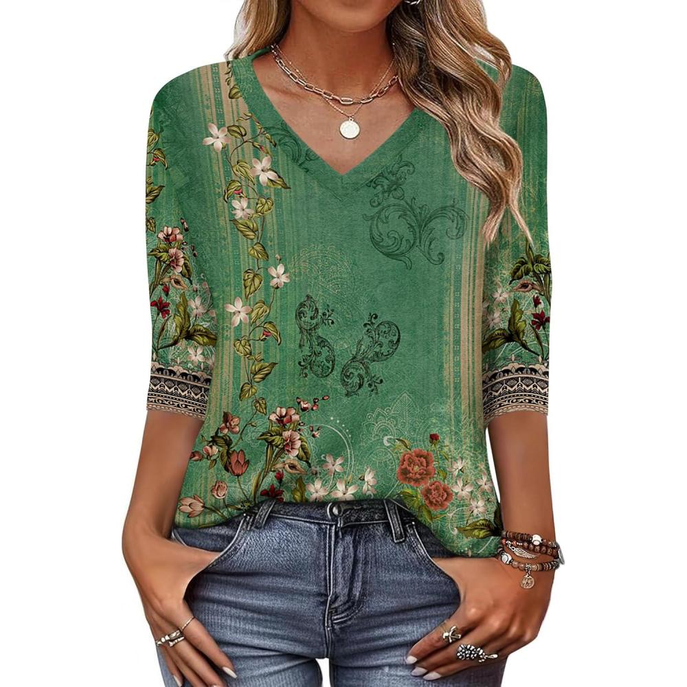 imageZeagoo Womens Blouse Casual 34 Length Sleeve V Neck Basic TShirts Spring Summer Cute Tunic Tops Business Work TeesGreen Flowermz808