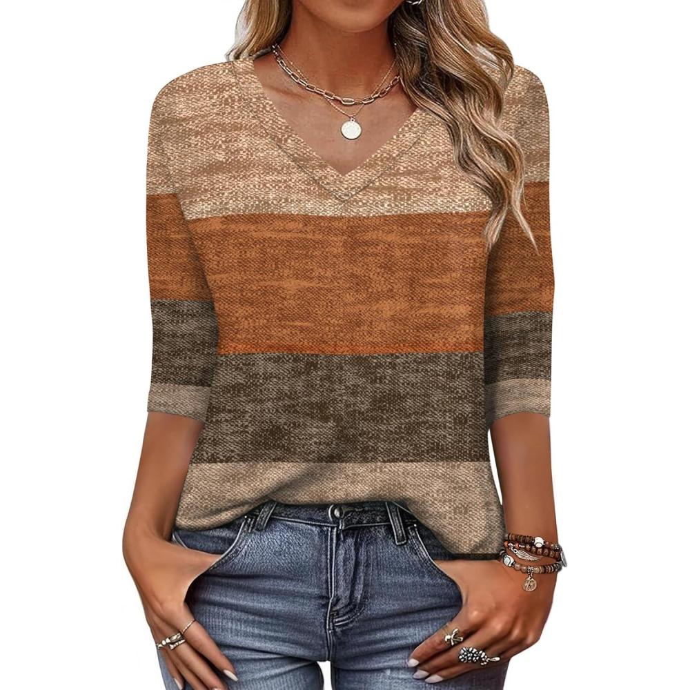imageZeagoo Womens Blouse Casual 34 Length Sleeve V Neck Basic TShirts Spring Summer Cute Tunic Tops Business Work TeesKhakijh398
