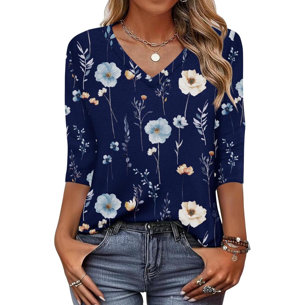 imageZeagoo Womens Blouse Casual 34 Length Sleeve V Neck Basic TShirts Spring Summer Cute Tunic Tops Business Work TeesNavy Blue Flowersbf318