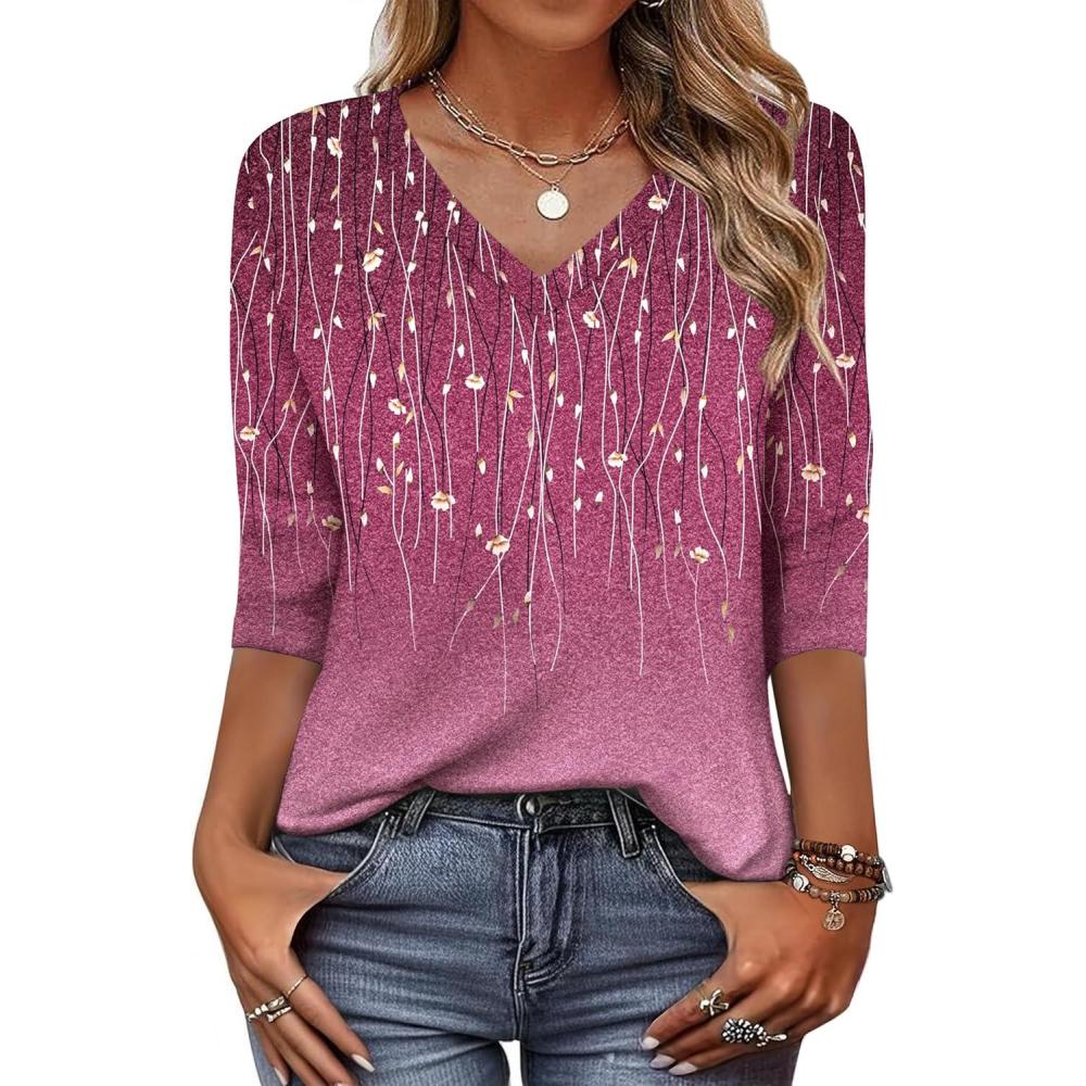 imageZeagoo Womens Blouse Casual 34 Length Sleeve V Neck Basic TShirts Spring Summer Cute Tunic Tops Business Work TeesPink Leavesxh370
