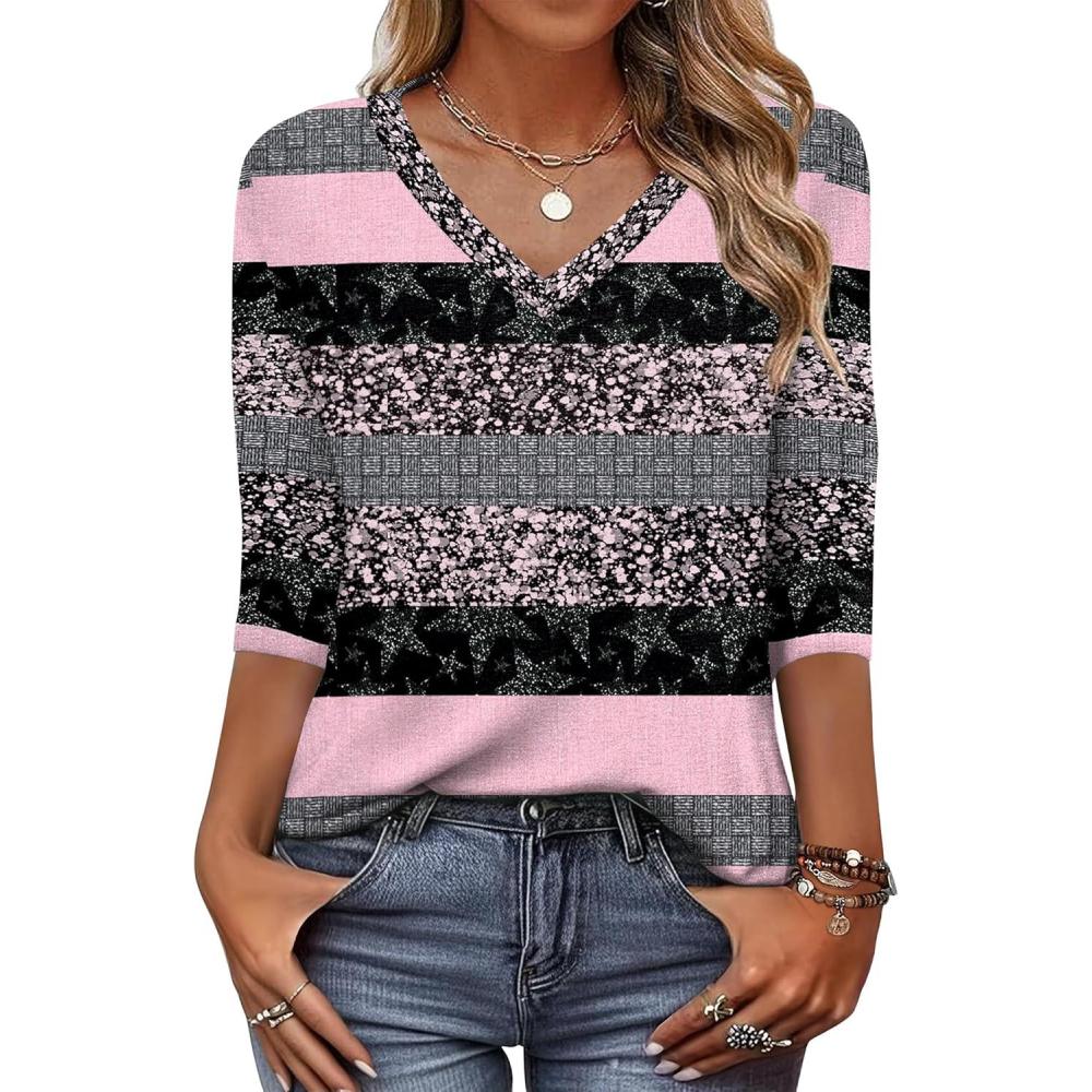 imageZeagoo Womens Blouse Casual 34 Length Sleeve V Neck Basic TShirts Spring Summer Cute Tunic Tops Business Work TeesPink Stripetz245