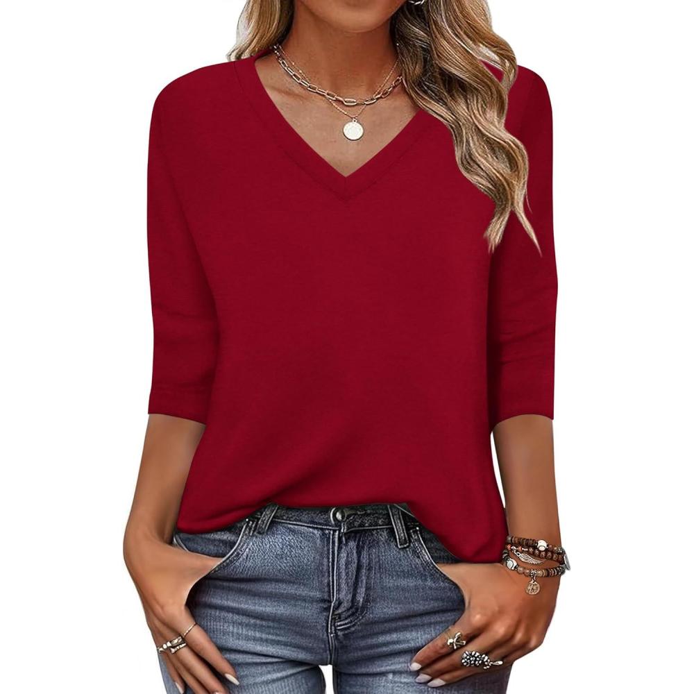 imageZeagoo Womens Blouse Casual 34 Length Sleeve V Neck Basic TShirts Spring Summer Cute Tunic Tops Business Work TeesRed
