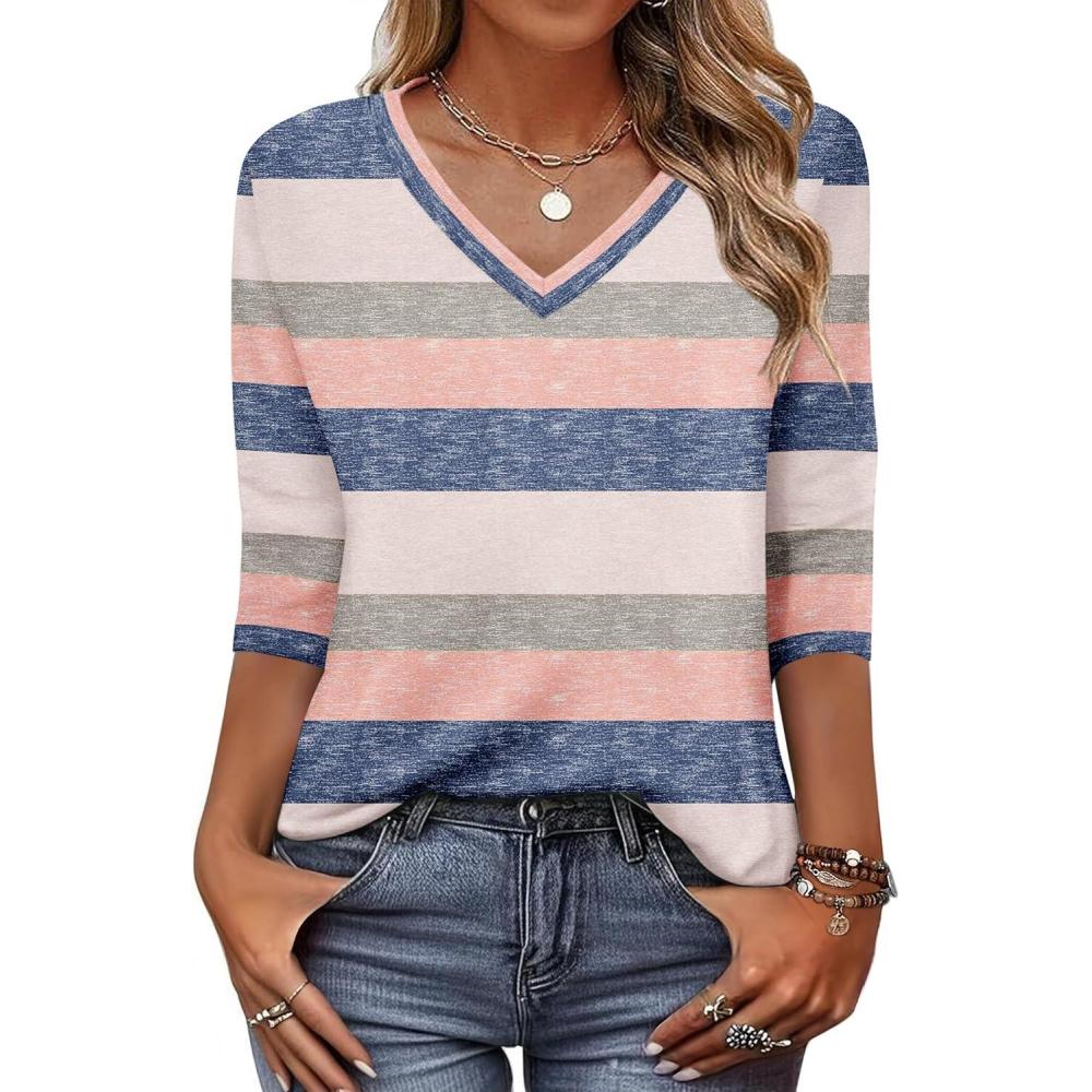 imageZeagoo Womens Blouse Casual 34 Length Sleeve V Neck Basic TShirts Spring Summer Cute Tunic Tops Business Work TeesStripedtw669