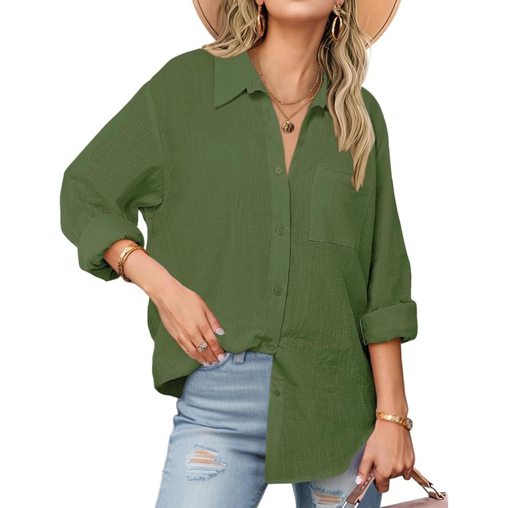 imageZeagoo Womens Button Down Shirts Long Sleeve Cotton Gauze Tops Casual Collared Blouses Loose FitArmy Green