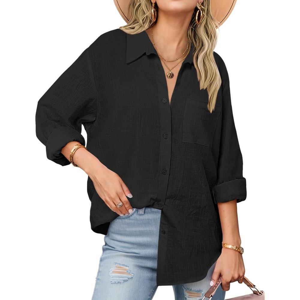 imageZeagoo Womens Button Down Shirts Long Sleeve Cotton Gauze Tops Casual Collared Blouses Loose FitBlack