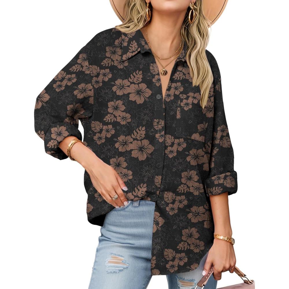 imageZeagoo Womens Button Down Shirts Long Sleeve Cotton Gauze Tops Casual Collared Blouses Loose FitBlack Hawaiian