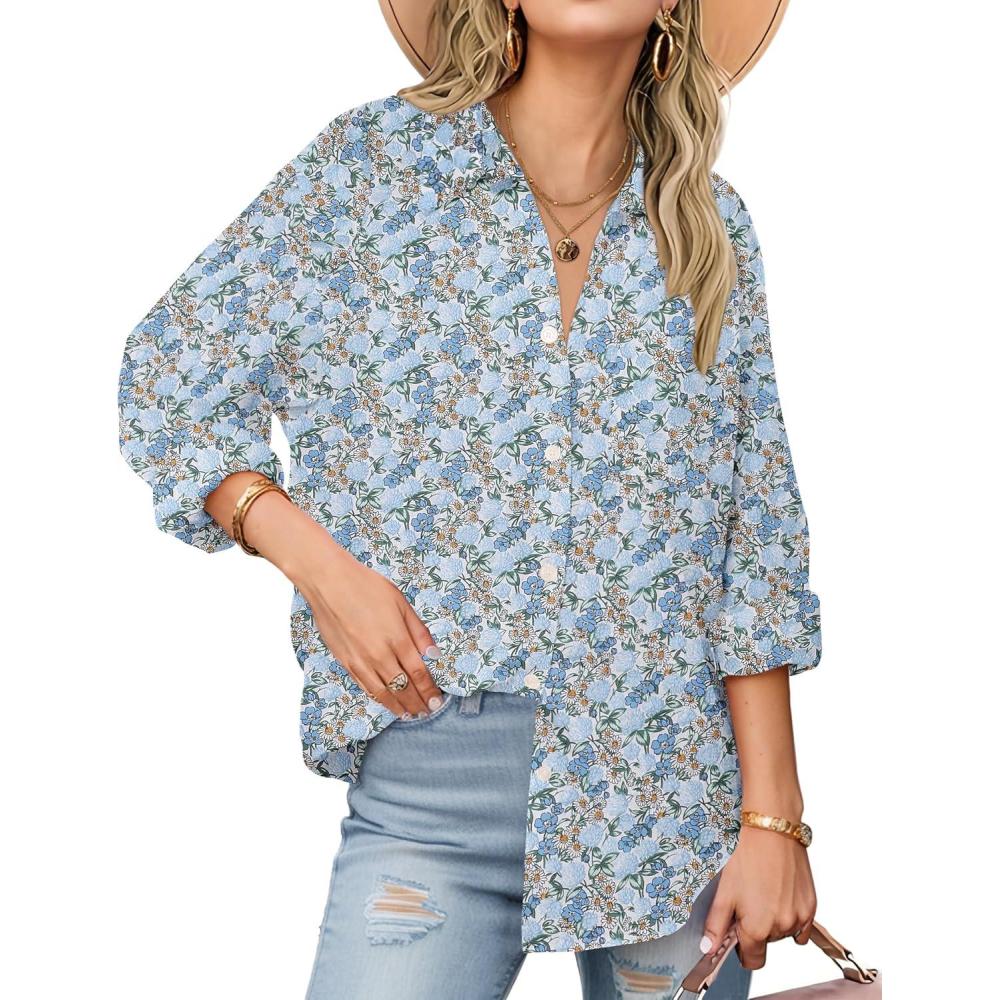 imageZeagoo Womens Button Down Shirts Long Sleeve Cotton Gauze Tops Casual Collared Blouses Loose FitBlue Blossom