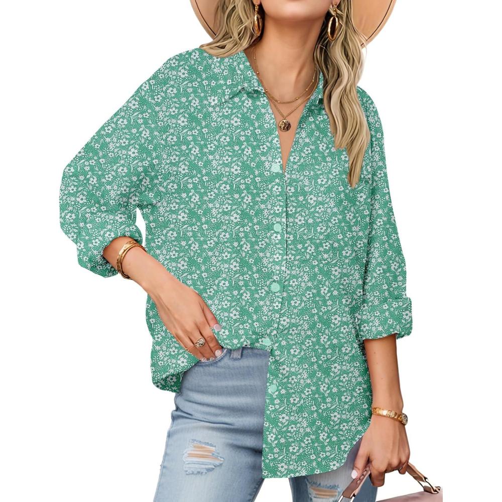 imageZeagoo Womens Button Down Shirts Long Sleeve Cotton Gauze Tops Casual Collared Blouses Loose FitGreen Floral
