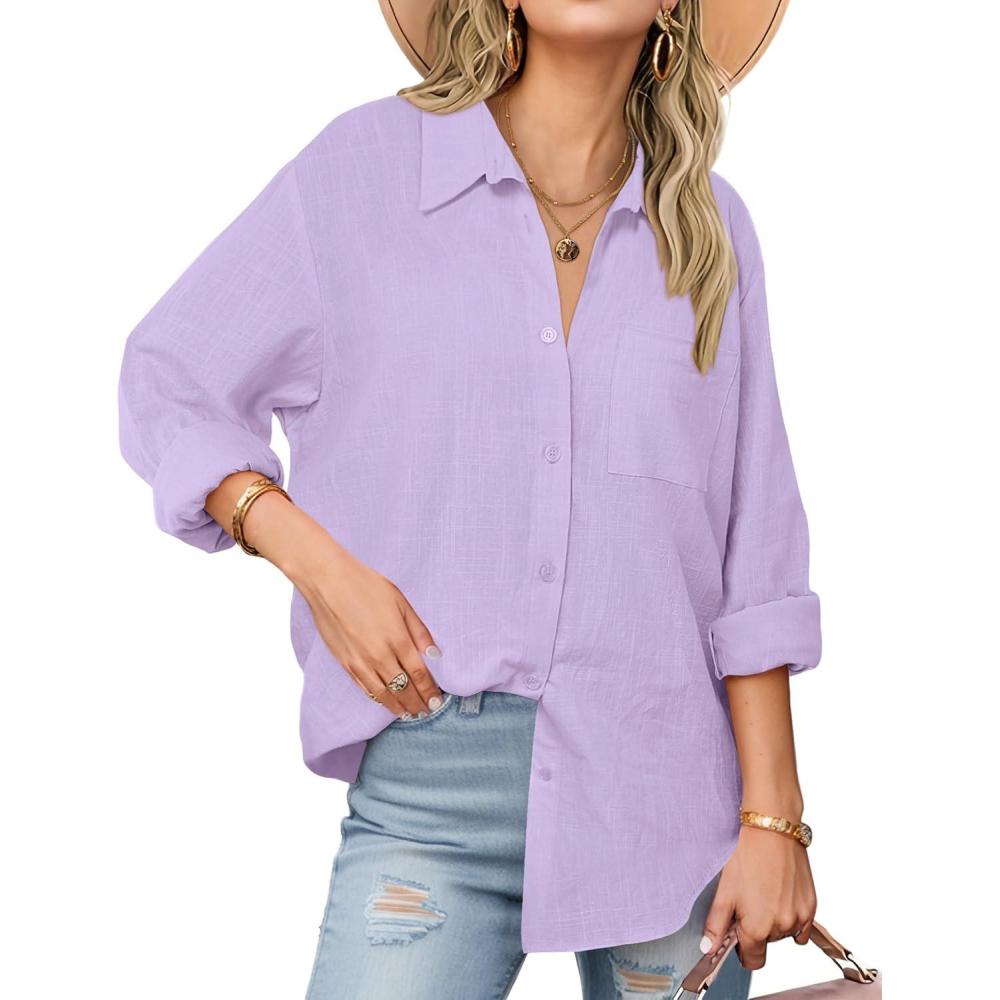 imageZeagoo Womens Button Down Shirts Long Sleeve Cotton Gauze Tops Casual Collared Blouses Loose FitLavender