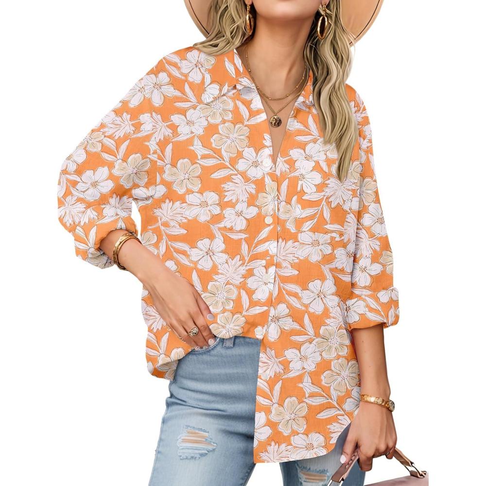 imageZeagoo Womens Button Down Shirts Long Sleeve Cotton Gauze Tops Casual Collared Blouses Loose FitOrange Tropical