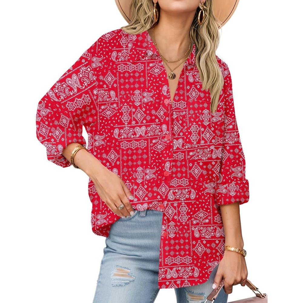 imageZeagoo Womens Button Down Shirts Long Sleeve Cotton Gauze Tops Casual Collared Blouses Loose FitRed Boho
