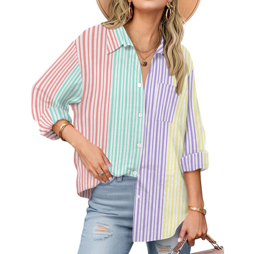 imageZeagoo Womens Button Down Shirts Long Sleeve Cotton Gauze Tops Casual Collared Blouses Loose FitStripes