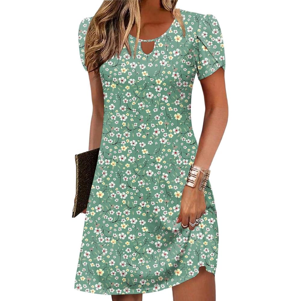 imageZeagoo Womens Casual ALine Dresses with Pockets Summer Floral Tshirt Dress Short Sleeve Mini Dress Flowy SundressesGreen Floral