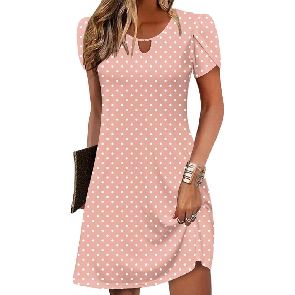 imageZeagoo Womens Casual ALine Dresses with Pockets Summer Floral Tshirt Dress Short Sleeve Mini Dress Flowy SundressesPink Round Dot