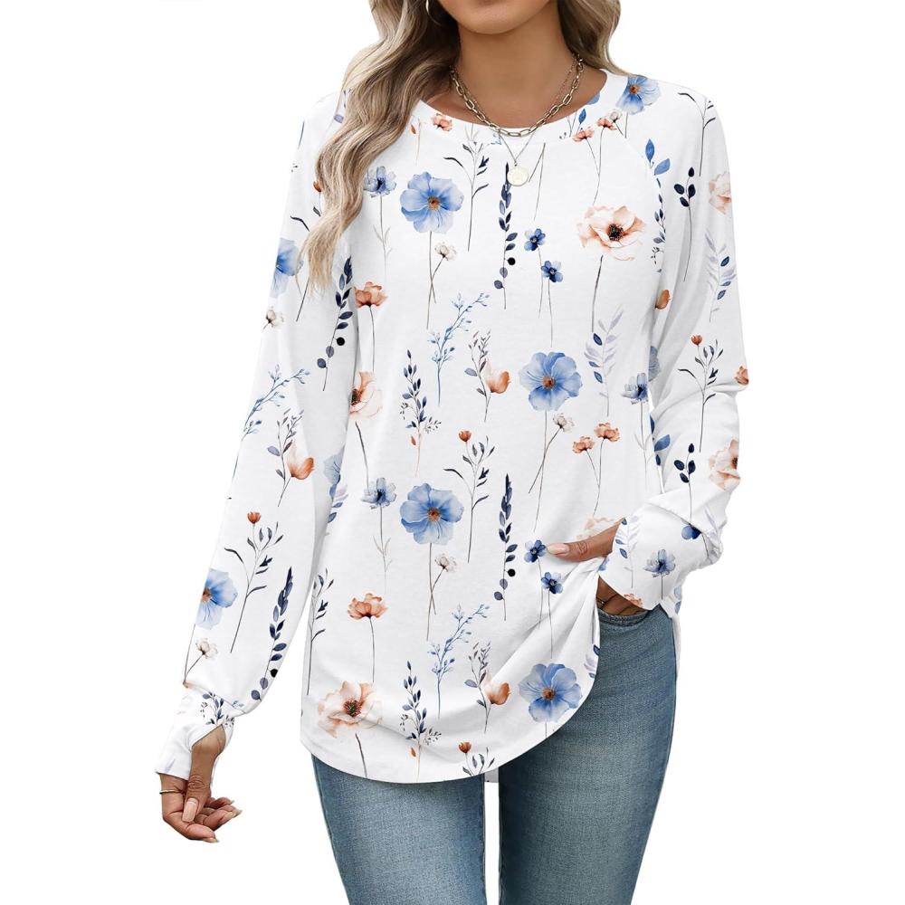 imageZeagoo Womens Casual Long Sleeve Shirts Crew Neck Round Hem Loose TShirts Tunic Tops with Thumb HolesFloral White