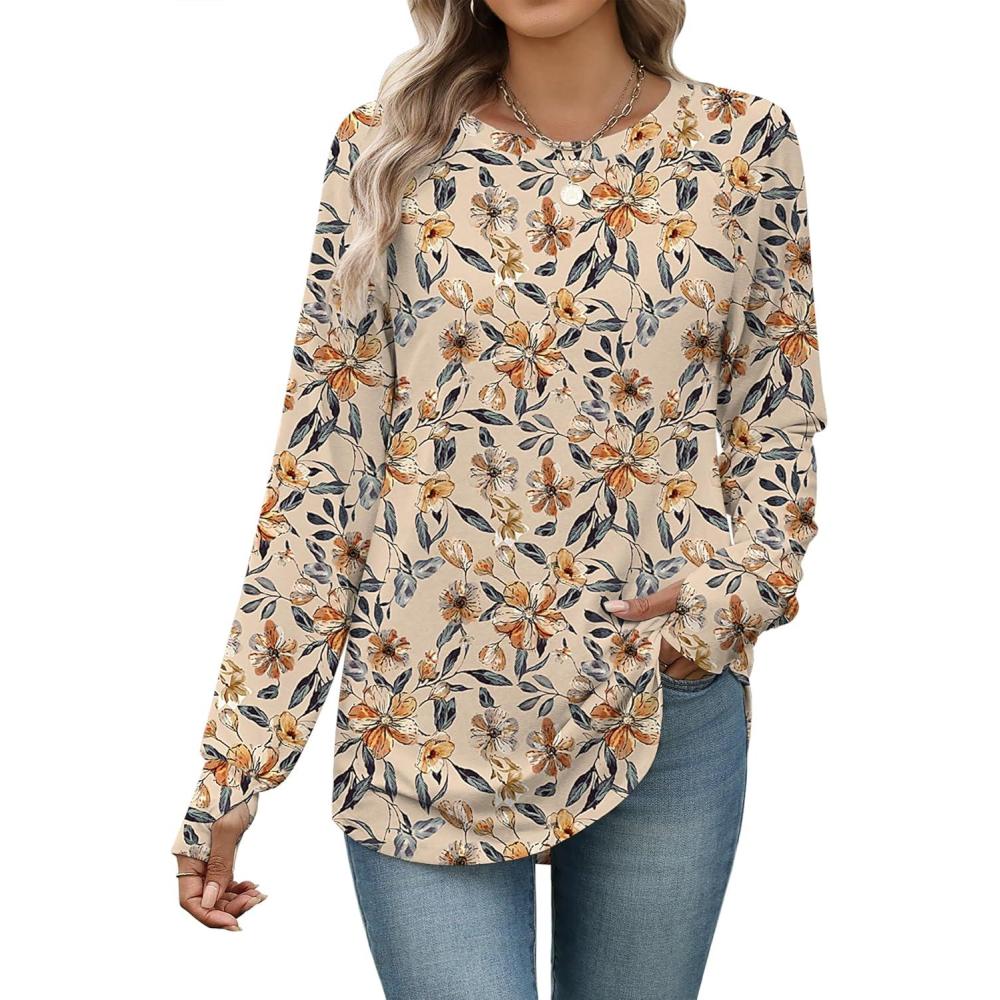 imageZeagoo Womens Casual Long Sleeve Shirts Crew Neck Round Hem Loose TShirts Tunic Tops with Thumb HolesKhaki Floral
