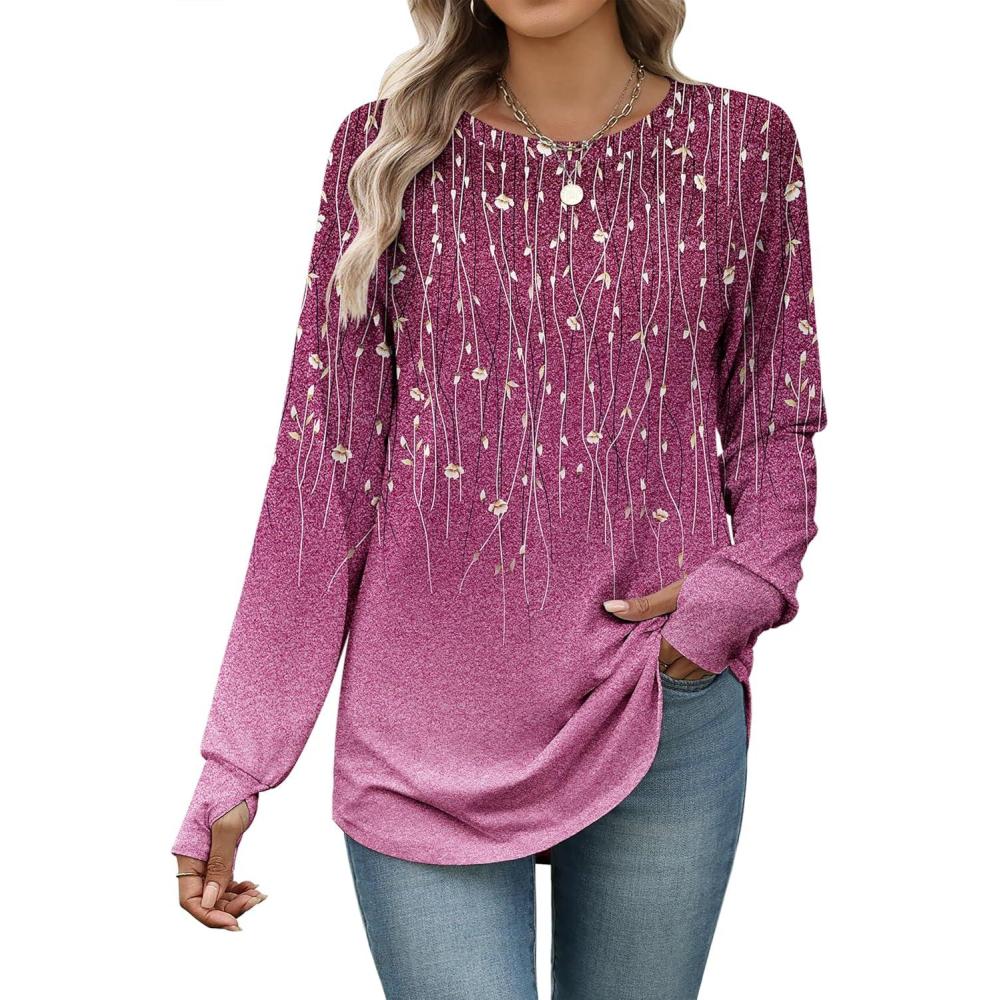 imageZeagoo Womens Casual Long Sleeve Shirts Crew Neck Round Hem Loose TShirts Tunic Tops with Thumb HolesPurple Willow