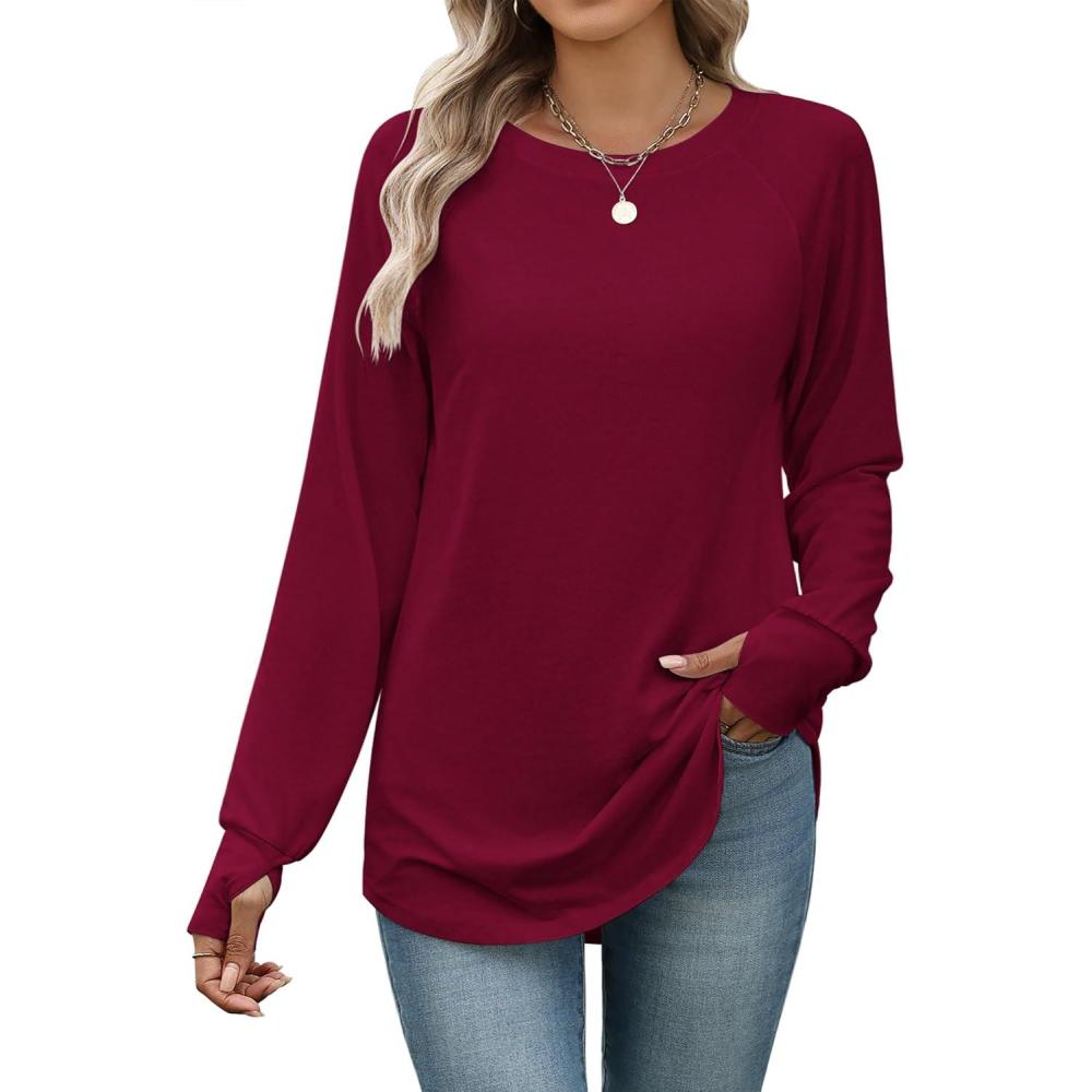 imageZeagoo Womens Casual Long Sleeve Shirts Crew Neck Round Hem Loose TShirts Tunic Tops with Thumb HolesWine Red