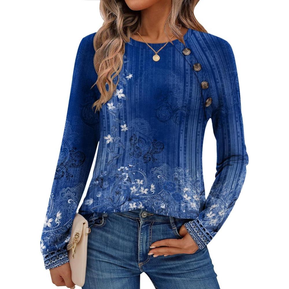 imageZeagoo Womens Long Sleeve Tshirts Casual Tunic Tops Work Fashion Cute Sweaters Fall Outfits 2026 Dressy BlouseBlue Floral