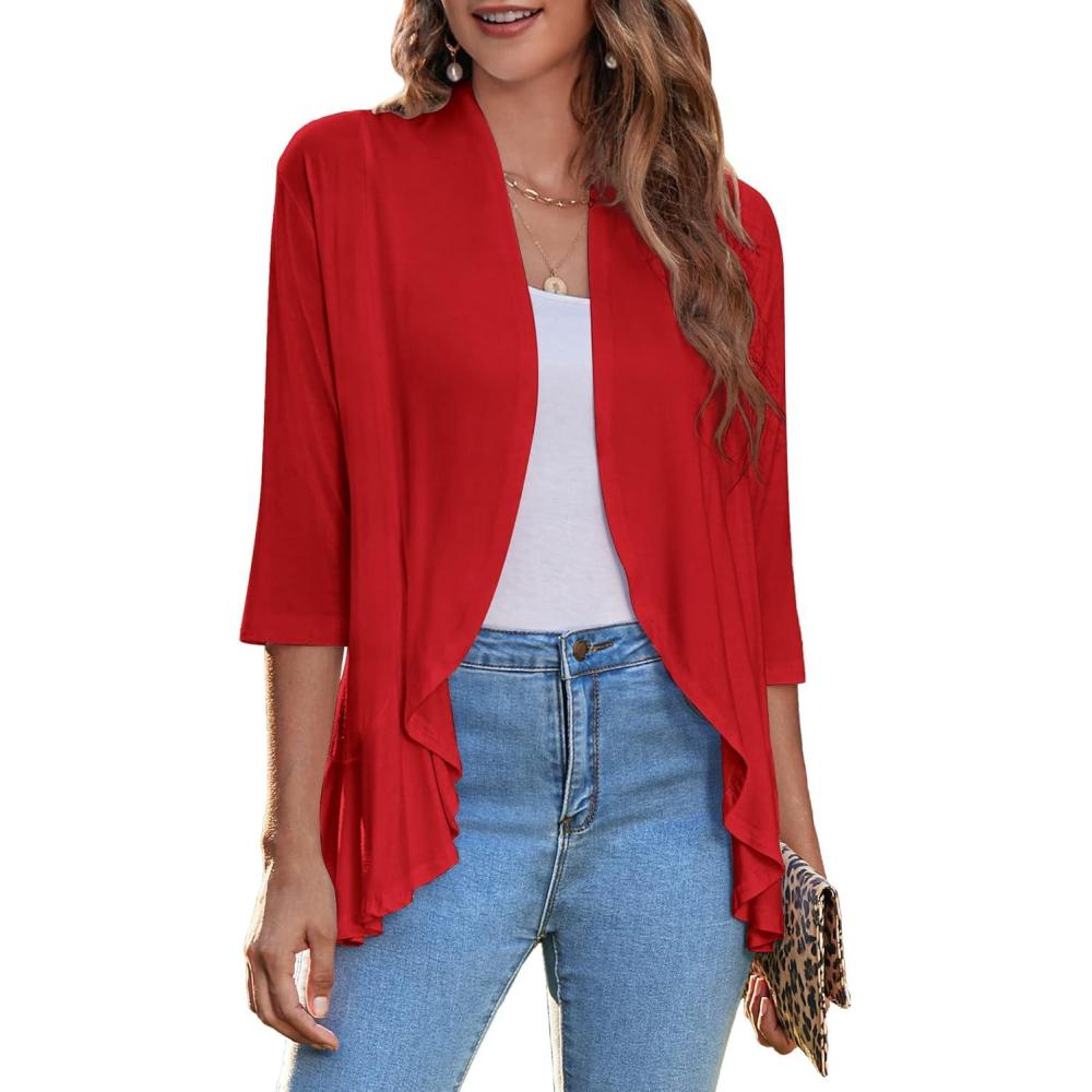 imageZeagoo Womens Open Front Cardigan 34 Sleeve Draped Ruffles Soft Knit Sweaters S3XLRed