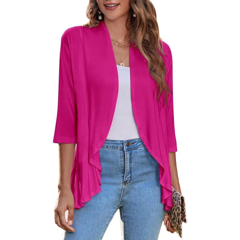 imageZeagoo Womens Open Front Cardigan 34 Sleeve Draped Ruffles Soft Knit Sweaters S3XLRose