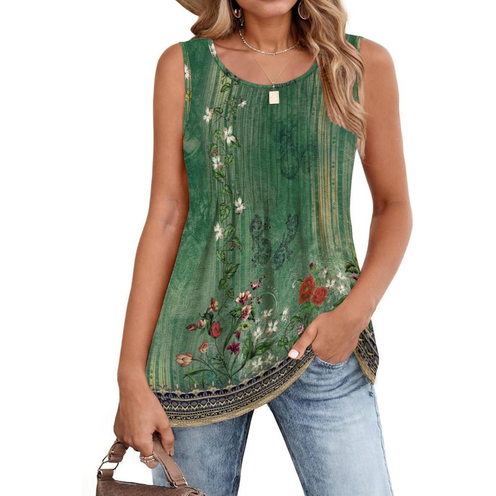 imageZeagoo Womens Summer Tank Tops 2026 Pleated Crew Neck Floral Solid Loose Fit Casual Sleeveless Flowy Boho Tunic ShirtsMz839