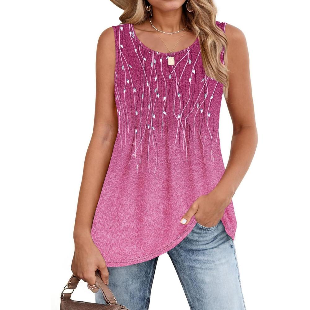 imageZeagoo Womens Summer Tank Tops 2026 Pleated Crew Neck Floral Solid Loose Fit Casual Sleeveless Flowy Boho Tunic ShirtsXh370