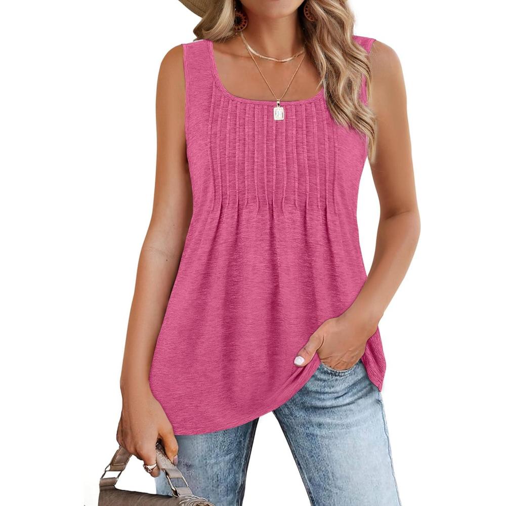imageZeagoo Womens Summer Tank Tops 2026 Pleated Square Neck Loose Fit Casual Flowy Tunic Sleeveless ShirtsHot Pink