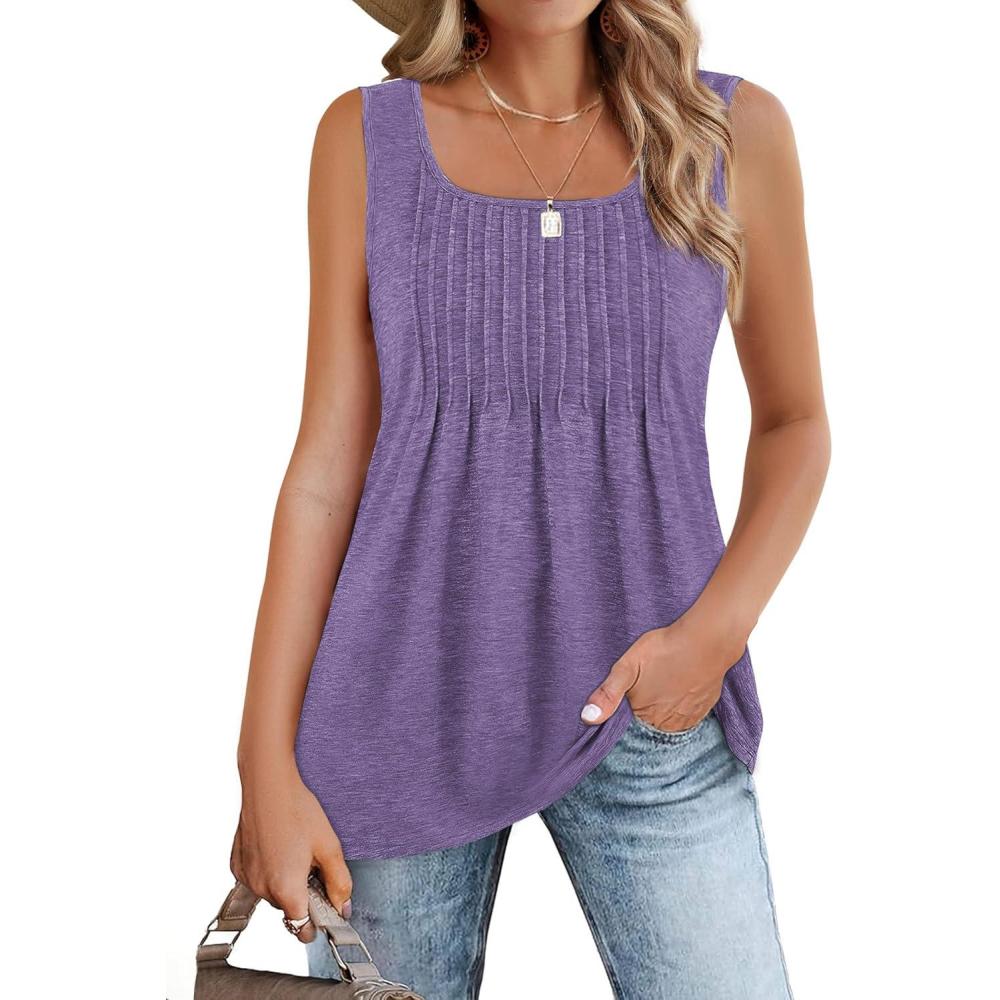 imageZeagoo Womens Summer Tank Tops 2026 Pleated Square Neck Loose Fit Casual Flowy Tunic Sleeveless ShirtsPurple