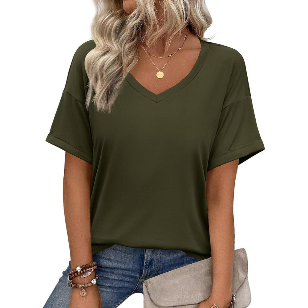 imageZeagoo Womens Summer Tops Short Sleeve Casual Shirts Floral Tee Trendy 2026 Basics V Neck Plain TshirtArmy Green