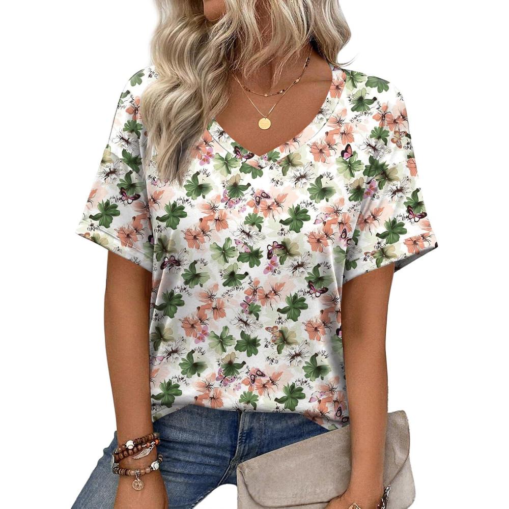 imageZeagoo Womens Summer Tops Short Sleeve Casual Shirts Floral Tee Trendy 2026 Basics V Neck Plain TshirtBf106