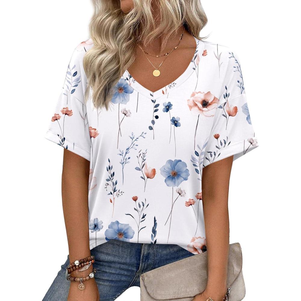 imageZeagoo Womens Summer Tops Short Sleeve Casual Shirts Floral Tee Trendy 2026 Basics V Neck Plain TshirtBf112