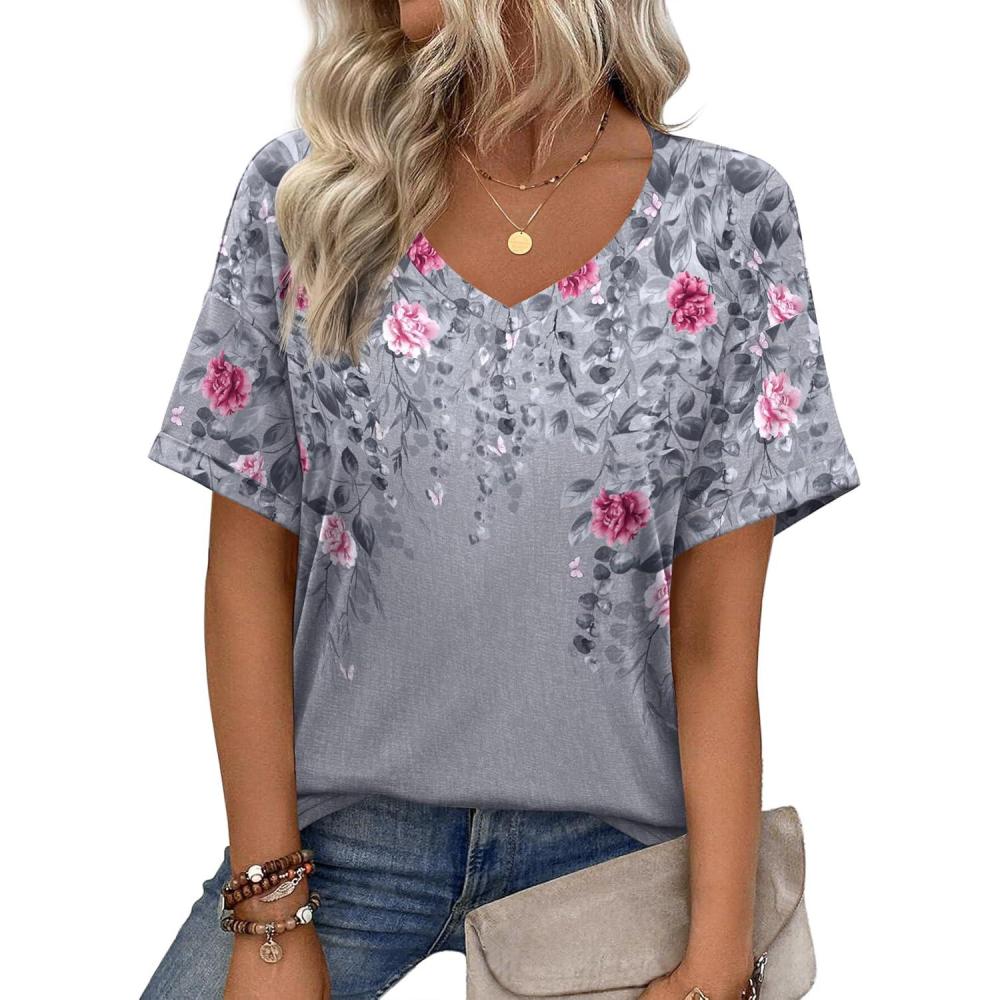 imageZeagoo Womens Summer Tops Short Sleeve Casual Shirts Floral Tee Trendy 2026 Basics V Neck Plain TshirtHf36
